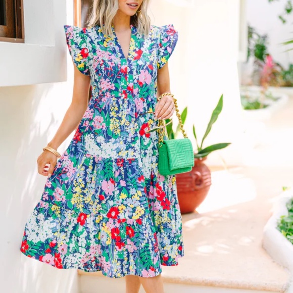 NWOT Entro Colorful Garden Floral Tiered Ruffle Midi Maxi Dress Size SMALL - Picture 1 of 6